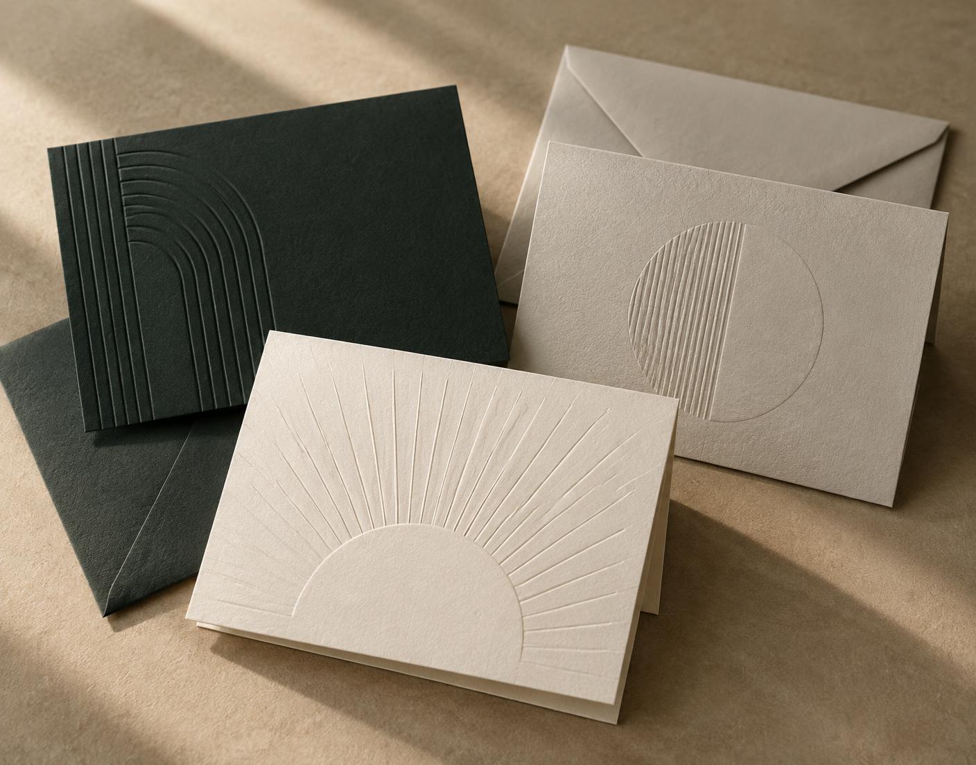 Premium greeting cards and envelopes arranged on a warm surface